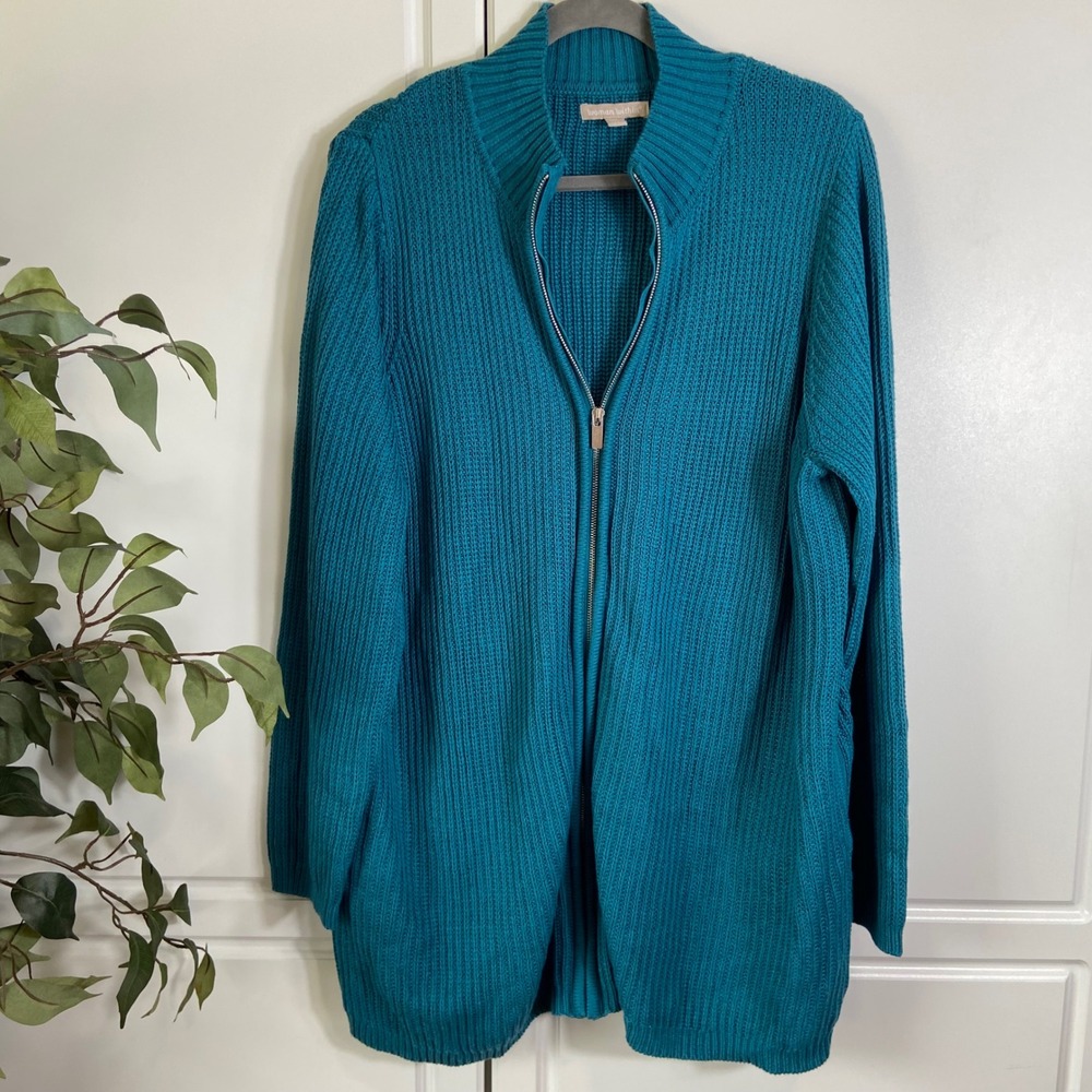 Woman Within Teal Blue Full Zip Shaker Knit Cardigan Sweater 1X 22/24 Mock Neck